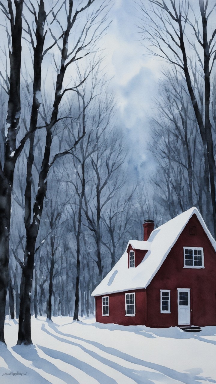 Red House in Serene Winter Landscape with Snow