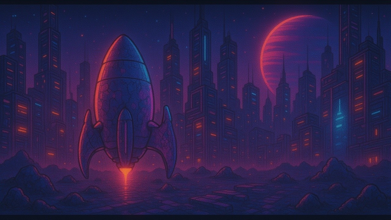 Futuristic cityscape with rocket and neon skyline