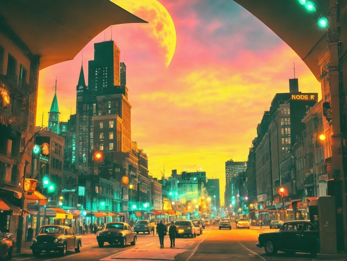 Surreal City Street Scene with Giant Moon and Sunset
