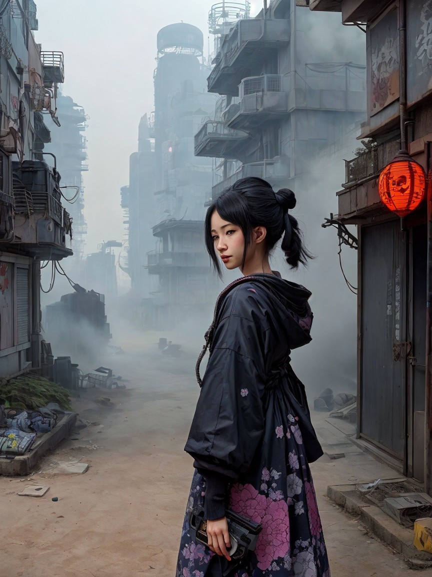 Young Woman in Gritty Futuristic Urban Environment