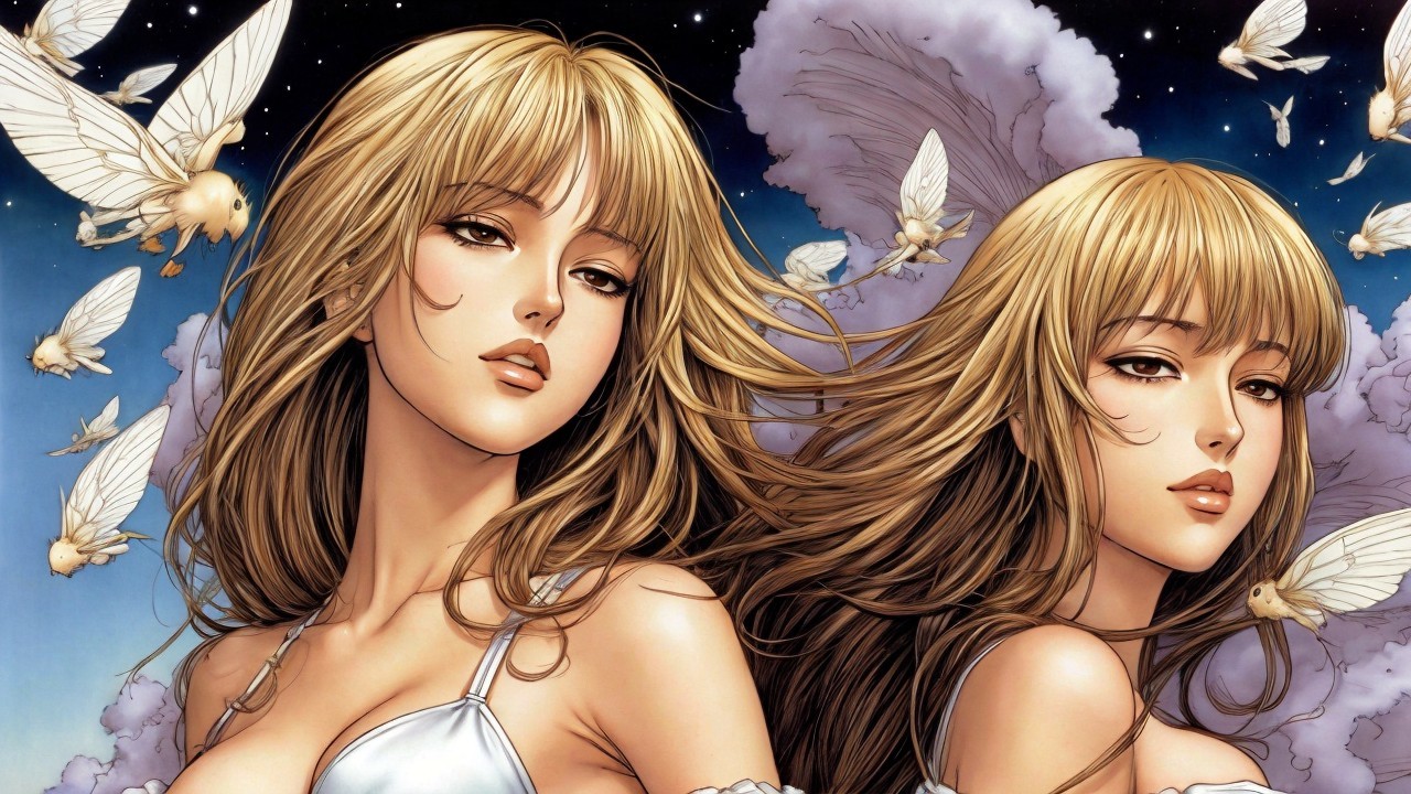 Ethereal Figures with Wings in Starry Night Sky