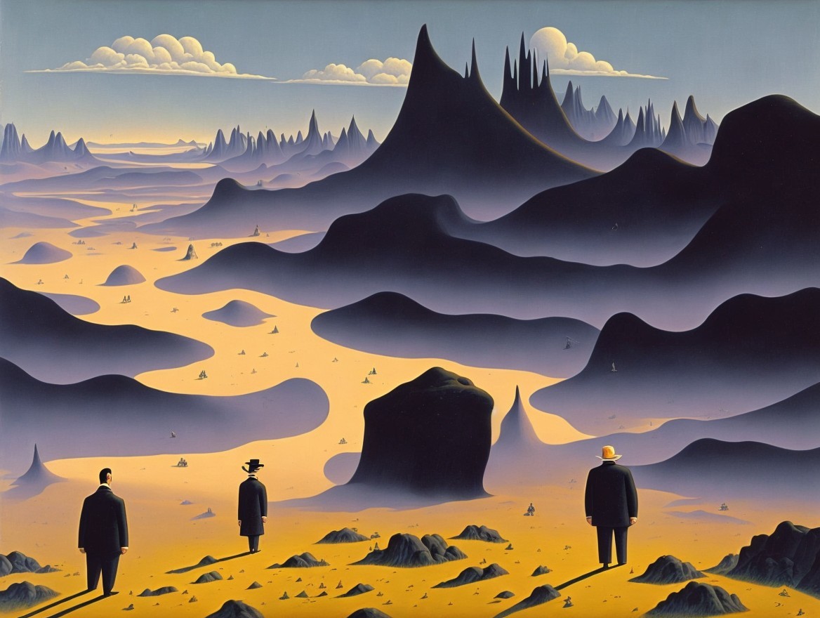 Surreal Landscape with Figures and Jagged Mountains