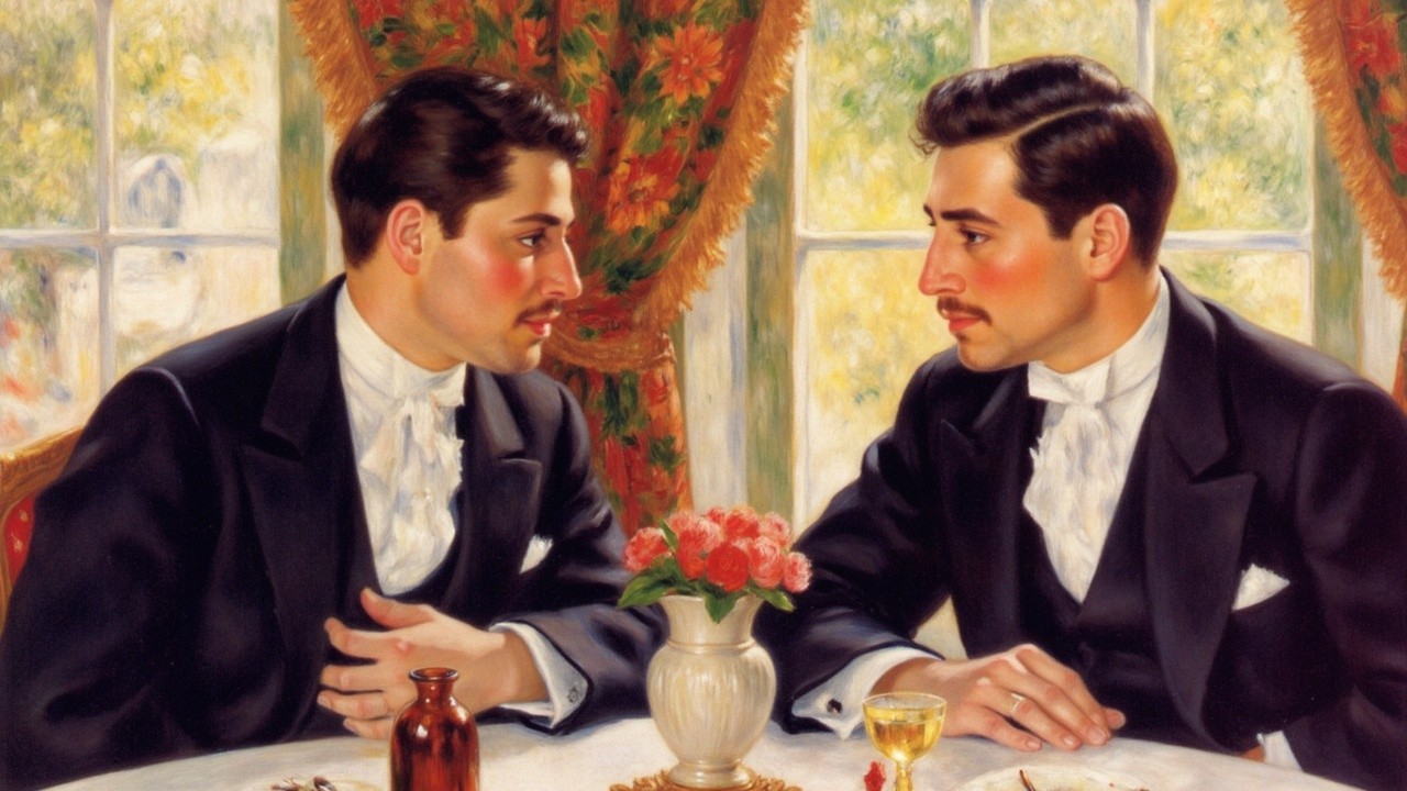 Elegant Conversation Between Two Tuxedo-Clad Men