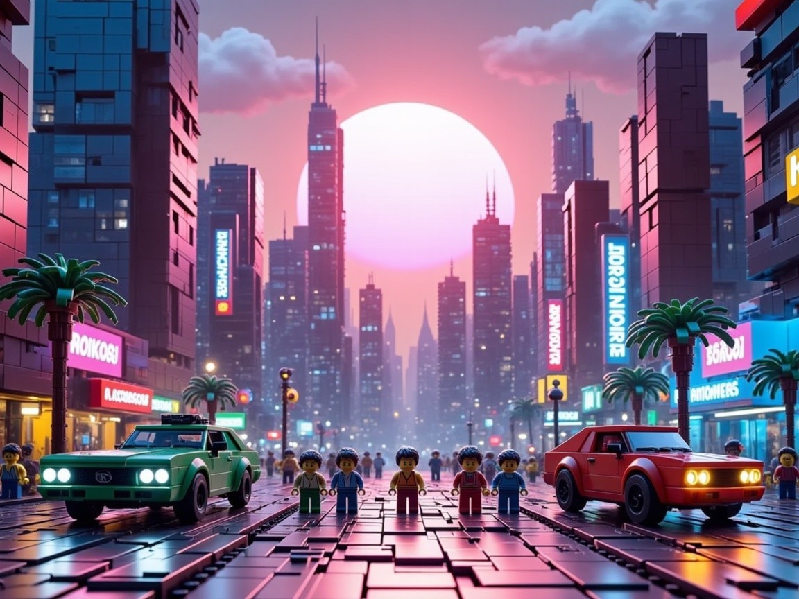 LEGO Cityscape at Twilight with Skyscrapers and Minifigures