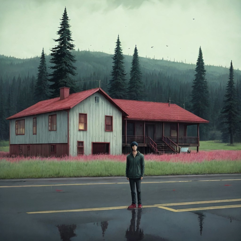 Solitary Figure by Rustic House in Misty Landscape