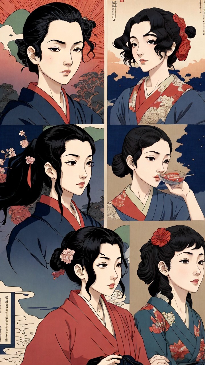 Collage of Six Women in Traditional Japanese Attire