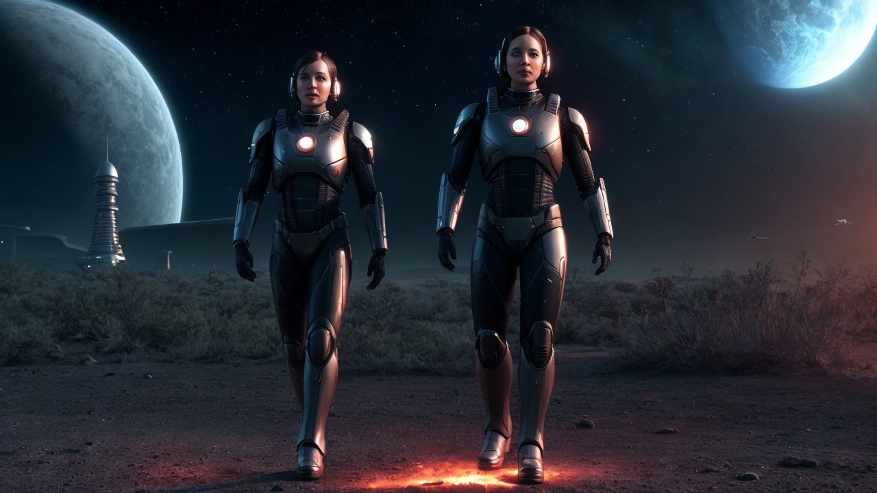 Futuristic Astronauts on Alien Landscape with Planets