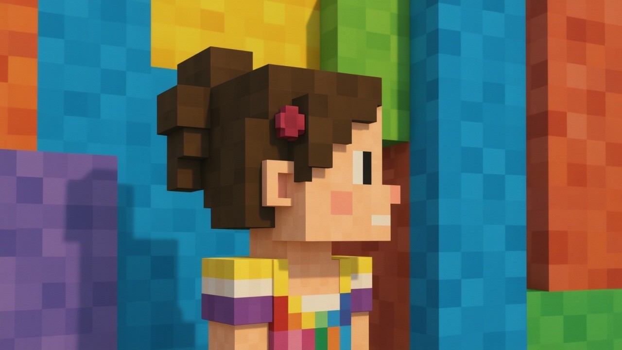 Pixelated Character in Colorful Voxel Art Environment