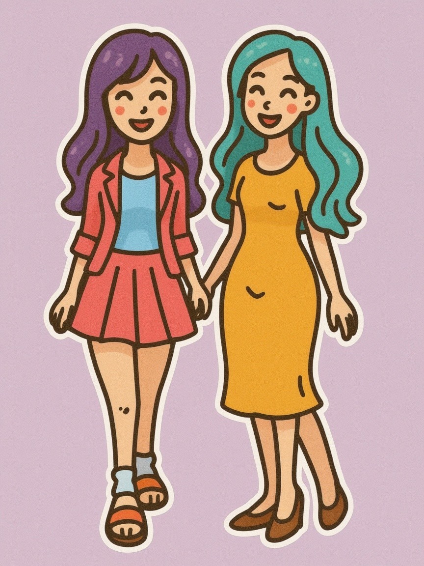 Cheerful Cartoon Girls in Vibrant Colors and Outfits