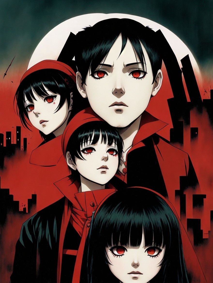 Anime-style composition with four characters and moon