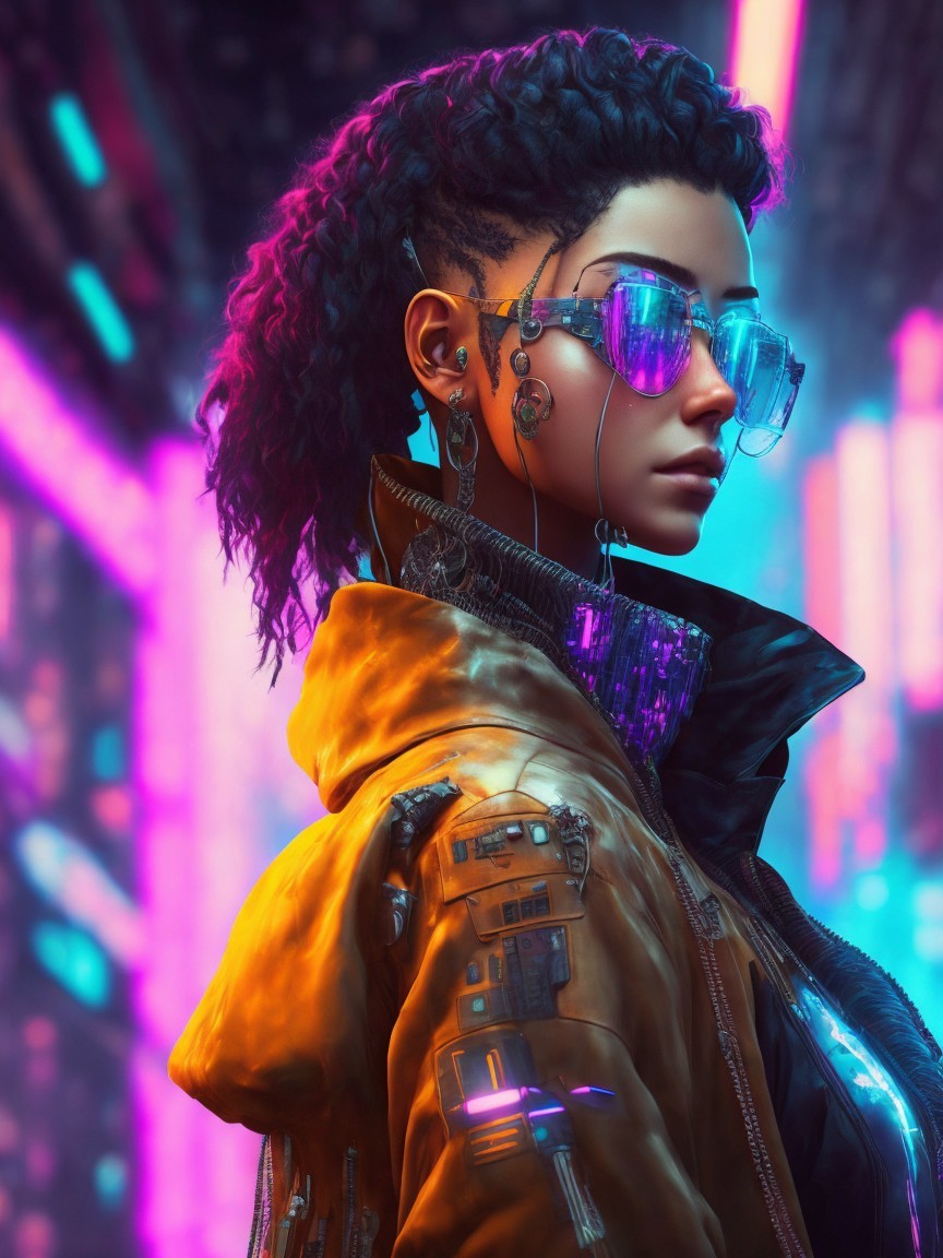 Futuristic Cyberpunk Character in Neon-Lit Setting
