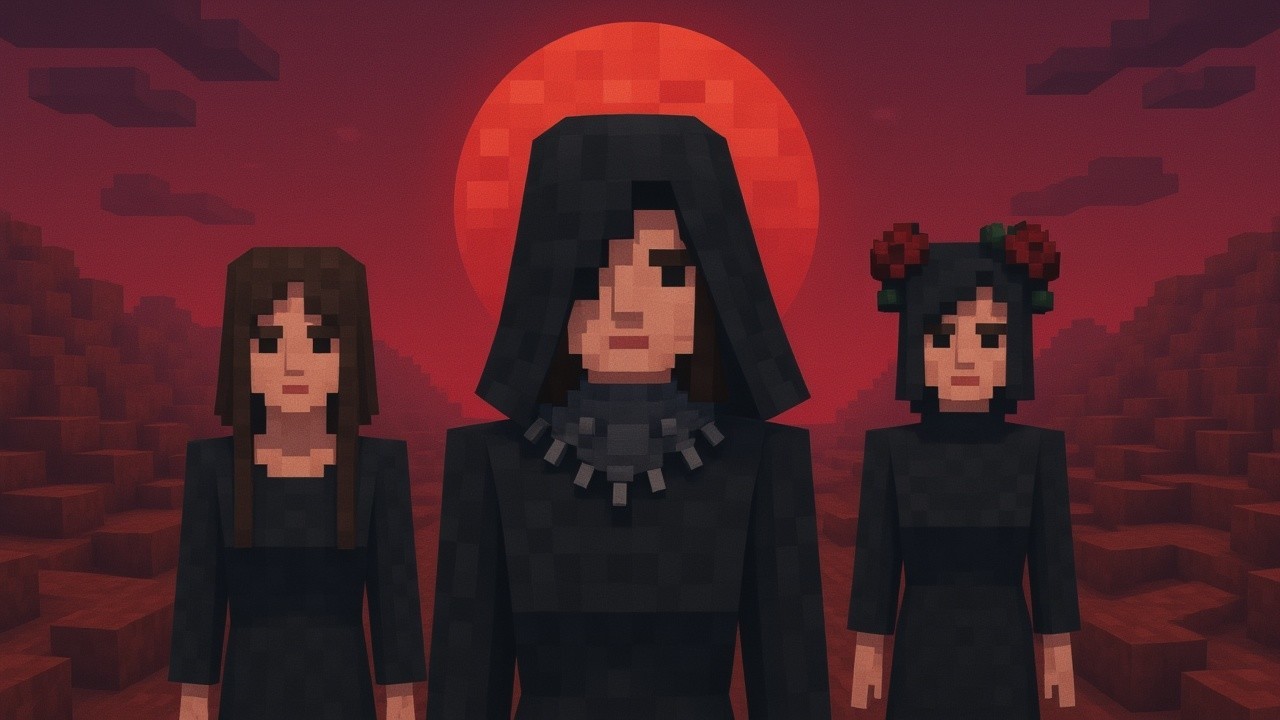 Three Block-Style Characters at Red Sunset Scene