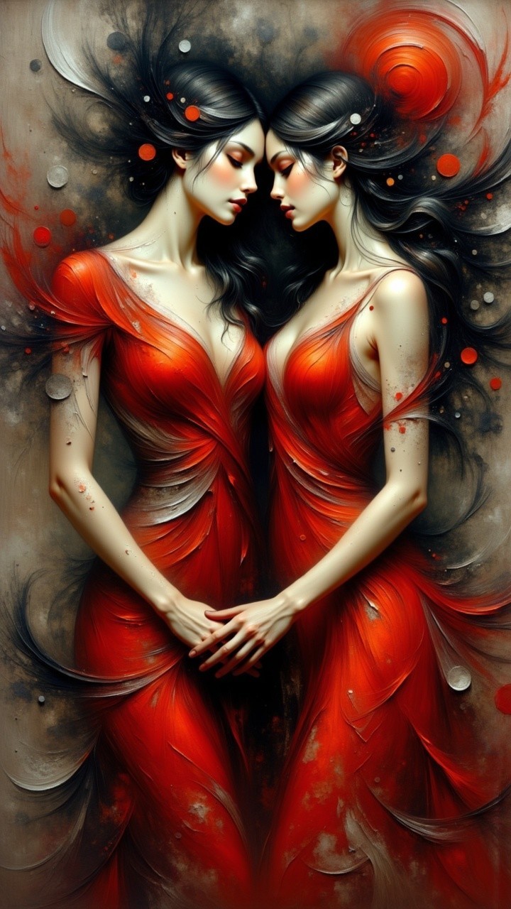 Intertwined Female Figures in Red Dresses with Abstract Elements