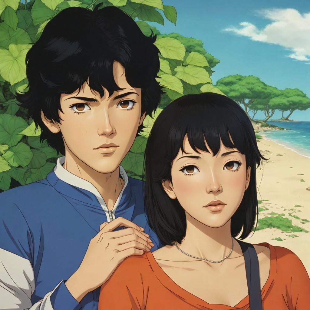 Anime Illustration of Young Man and Woman Outdoors
