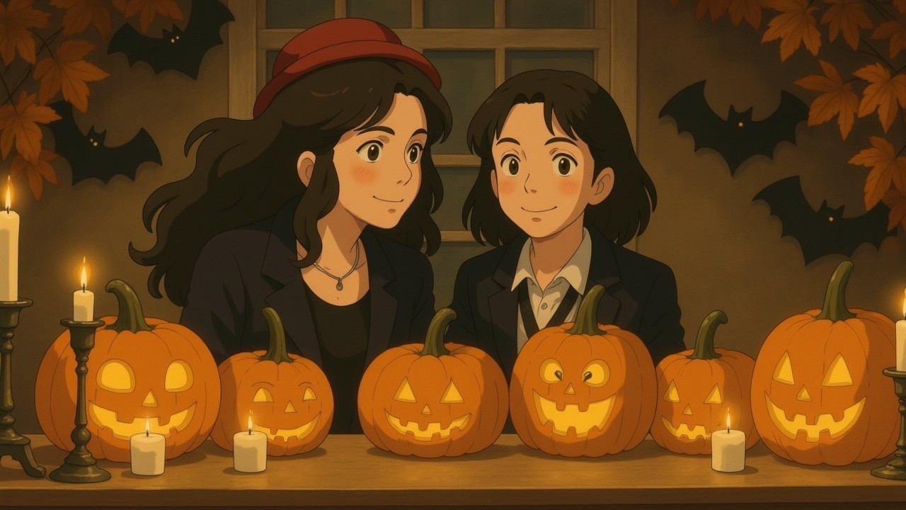 Cozy Halloween Scene with Friends and Decorations