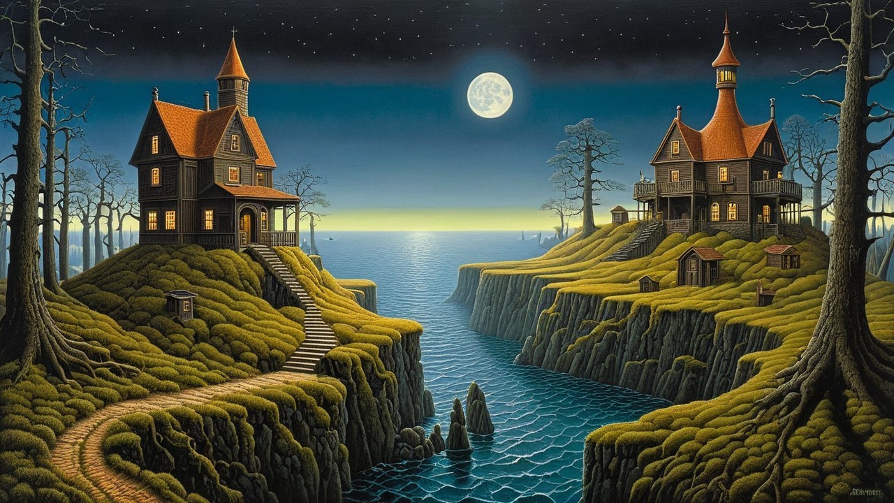 Surreal Landscape with Dark Houses and Moonlit Hills
