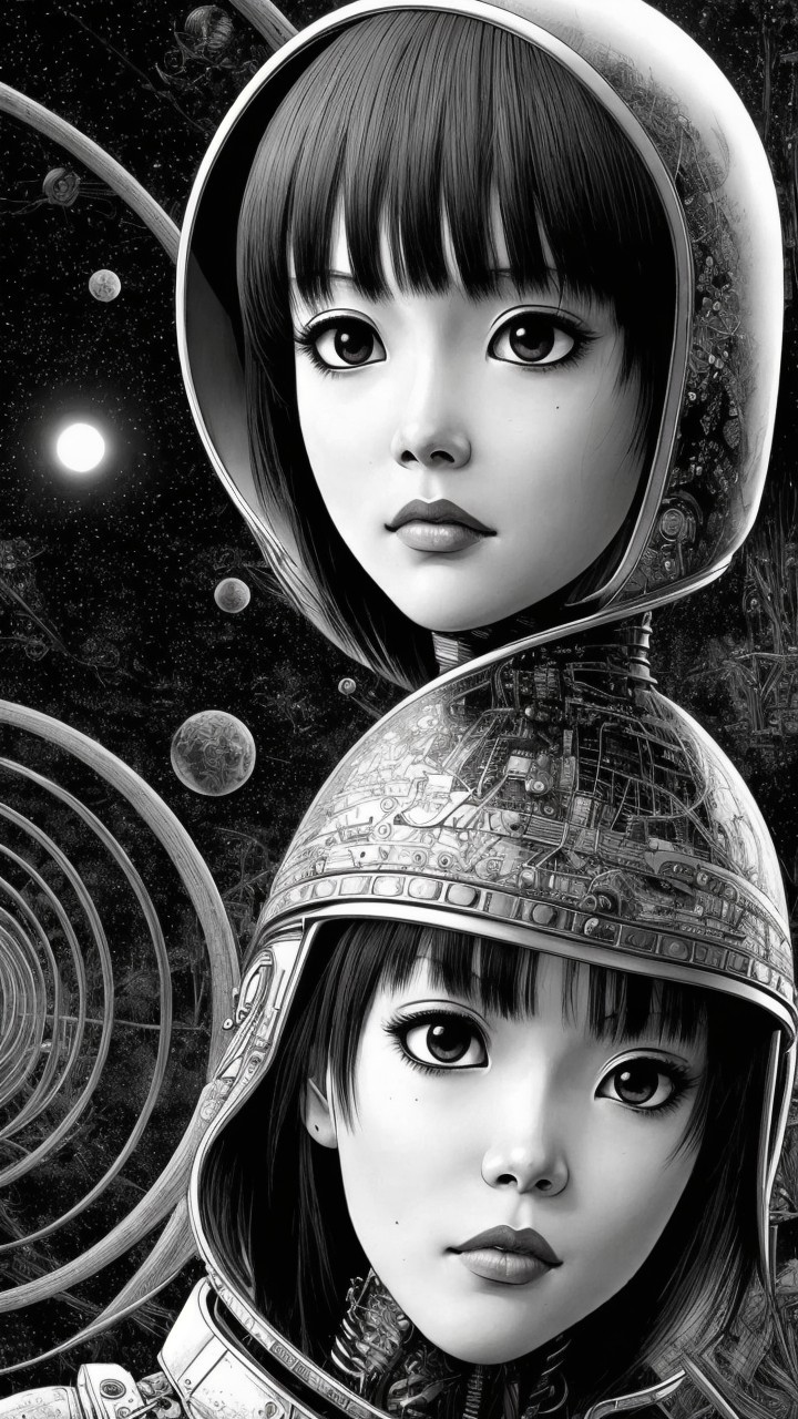 Young Women in Space Helmets Against Cosmic Background