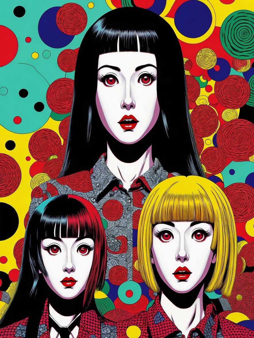 Three Stylized Figures with Colorful Background