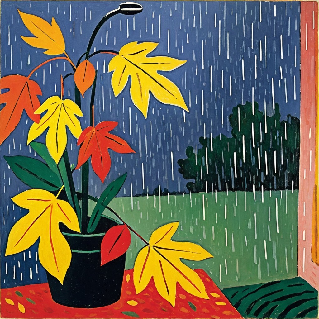 Indoor Scene with Colorful Plant and Rainy Window