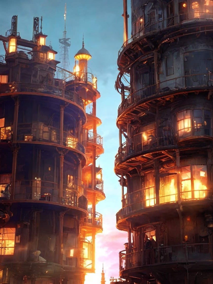 Futuristic Buildings with Steampunk Aesthetics at Twilight
