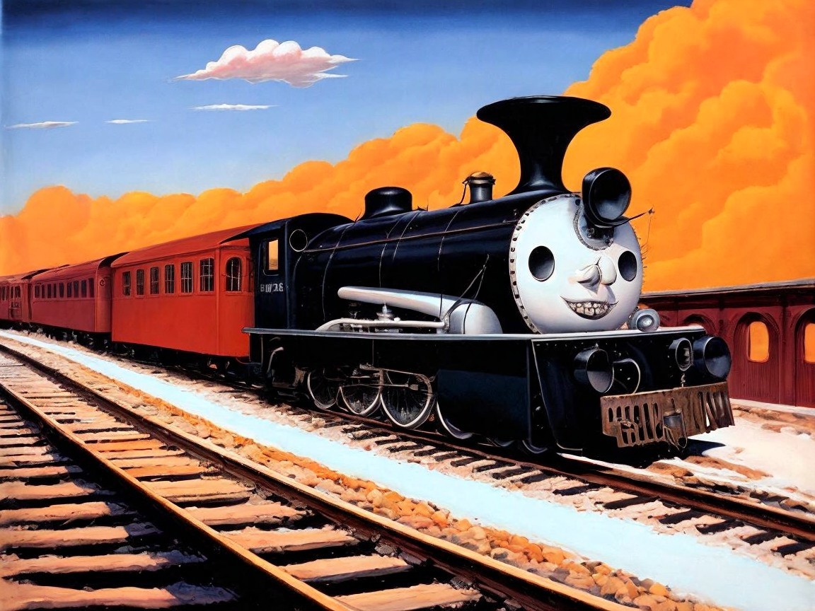 Whimsical Steam Locomotive on Vibrant Tracks