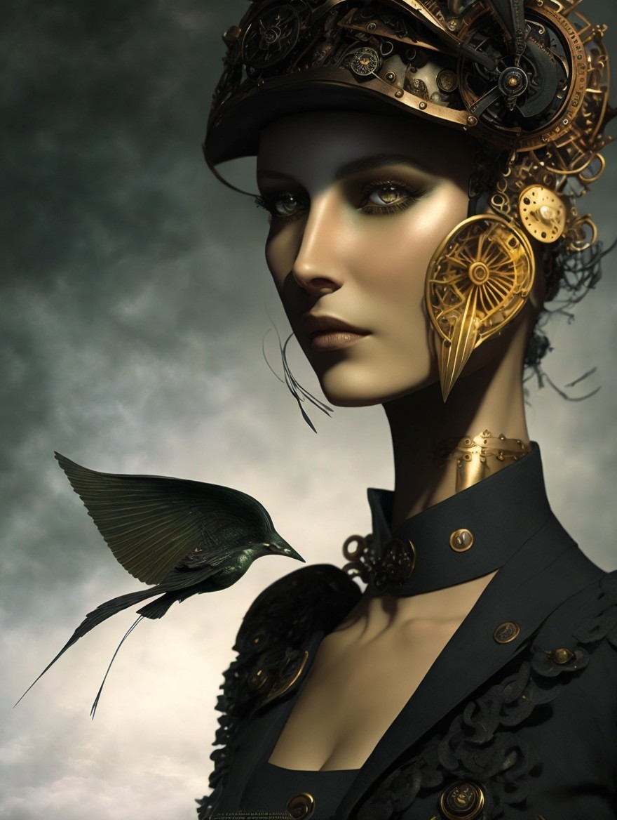 Futuristic Steampunk Figure with Bird Companion