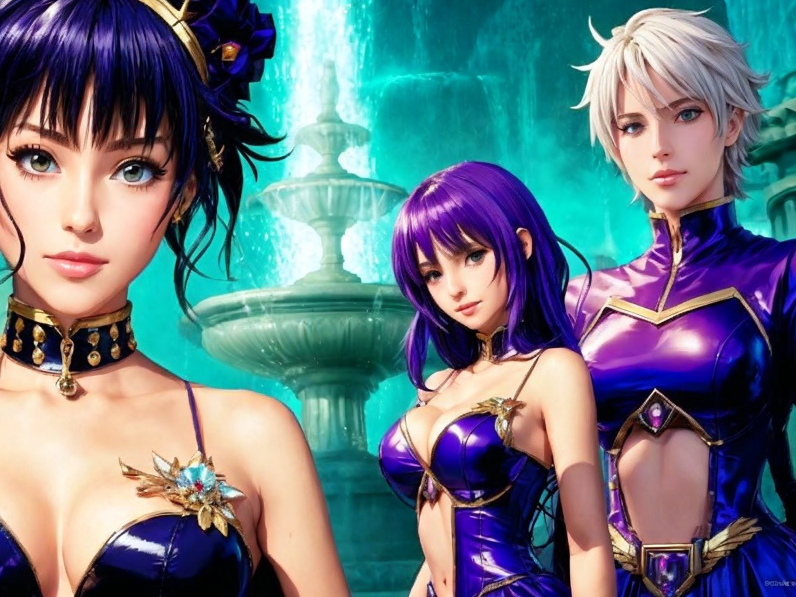 Three Elegant Characters by a Shimmering Fountain