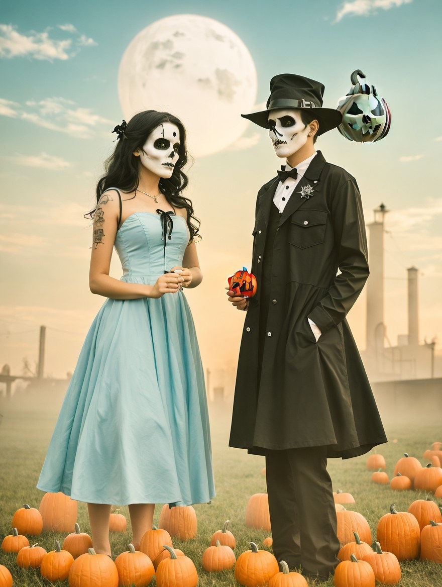 Couple in Pumpkin Patch with Halloween Theme