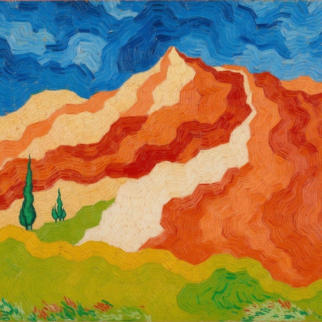 Vibrant landscape painting with rolling hills and sky
