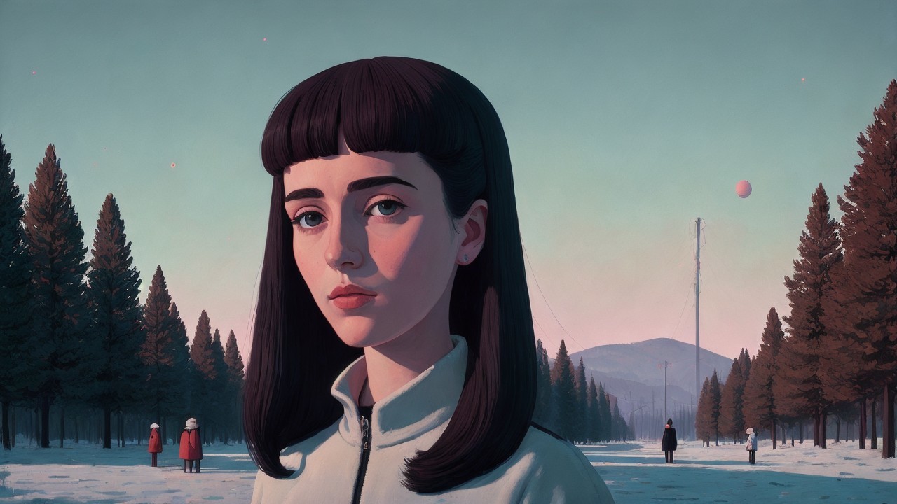 Girl with Black Hair in Snowy Landscape and Mountains