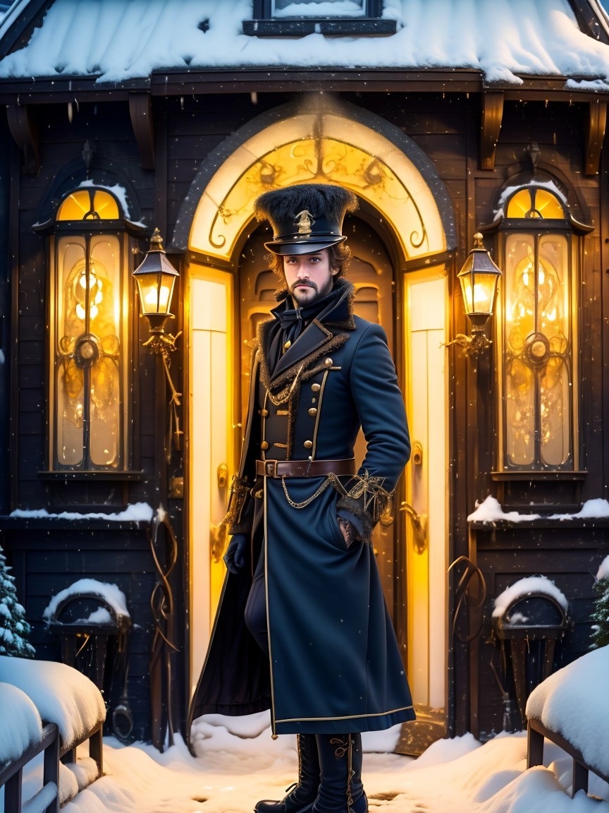 Handsome Man in Navy Coat by Snowy Wooden House