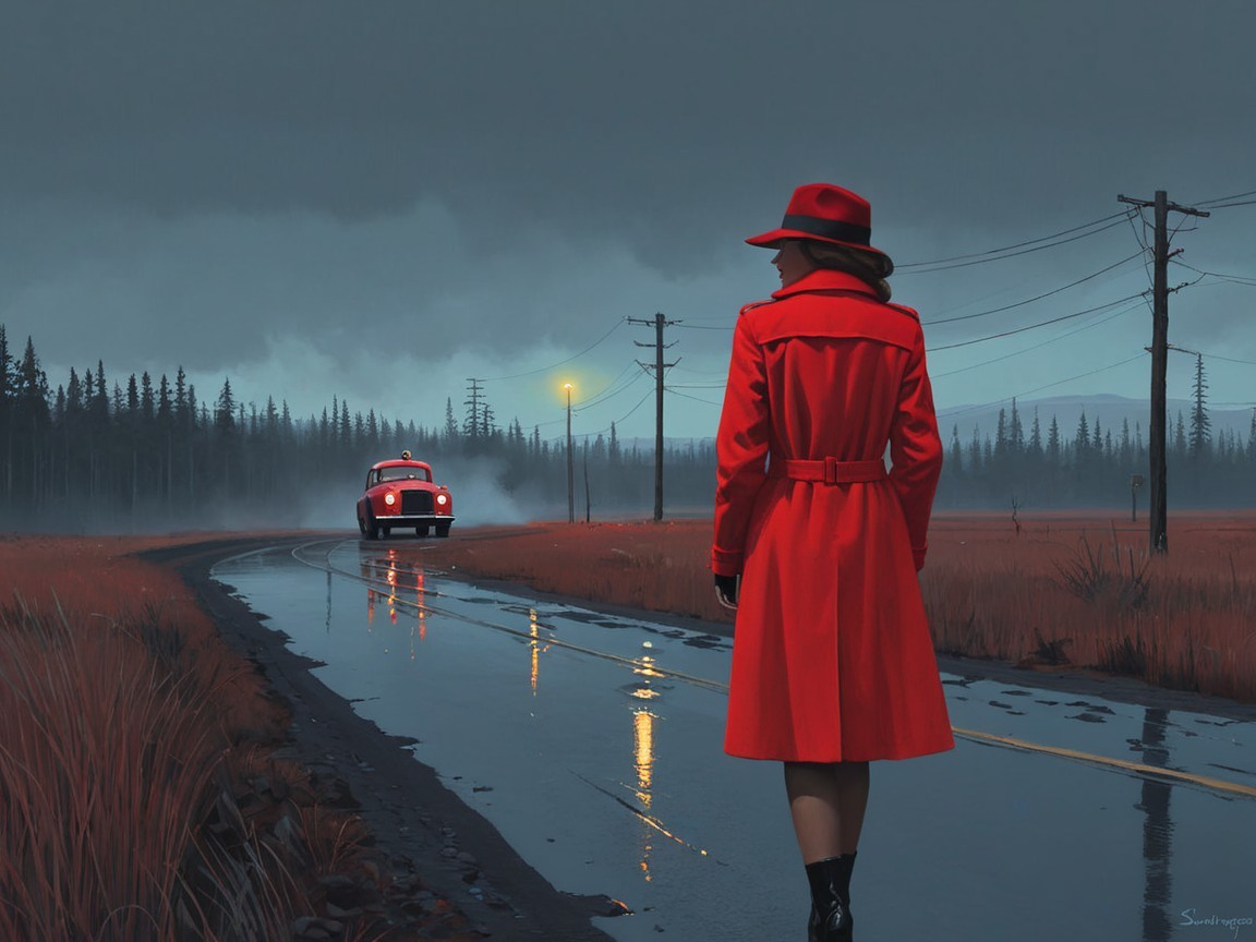 Red-Coated Figure on Desolate Road with Vintage Bus