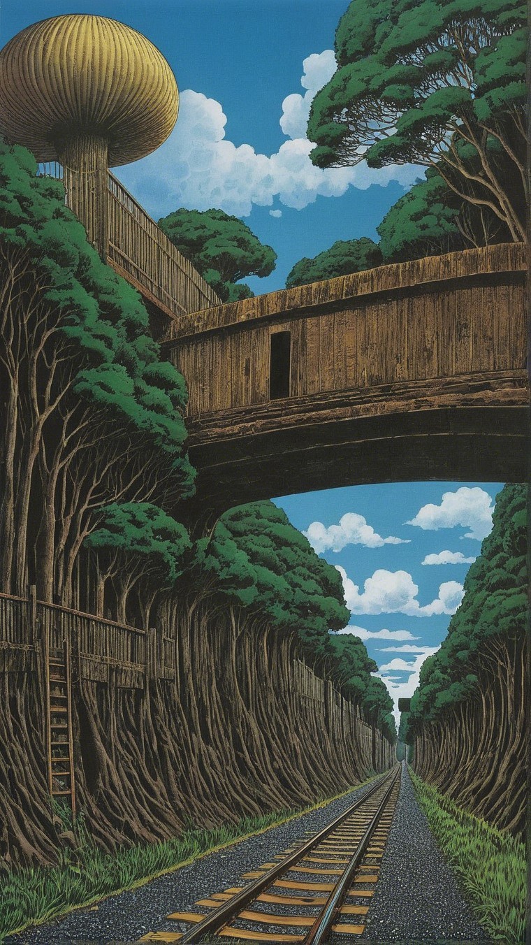 Surreal Landscape with Treehouses and Wooden Bridge