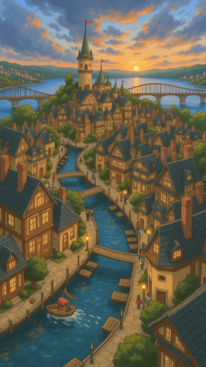 Picturesque Village at Sunset with Colorful Houses