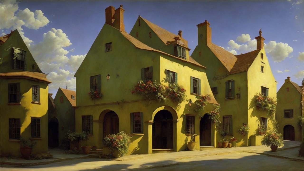 Whimsical Yellow Houses with Green Accents and Flowers