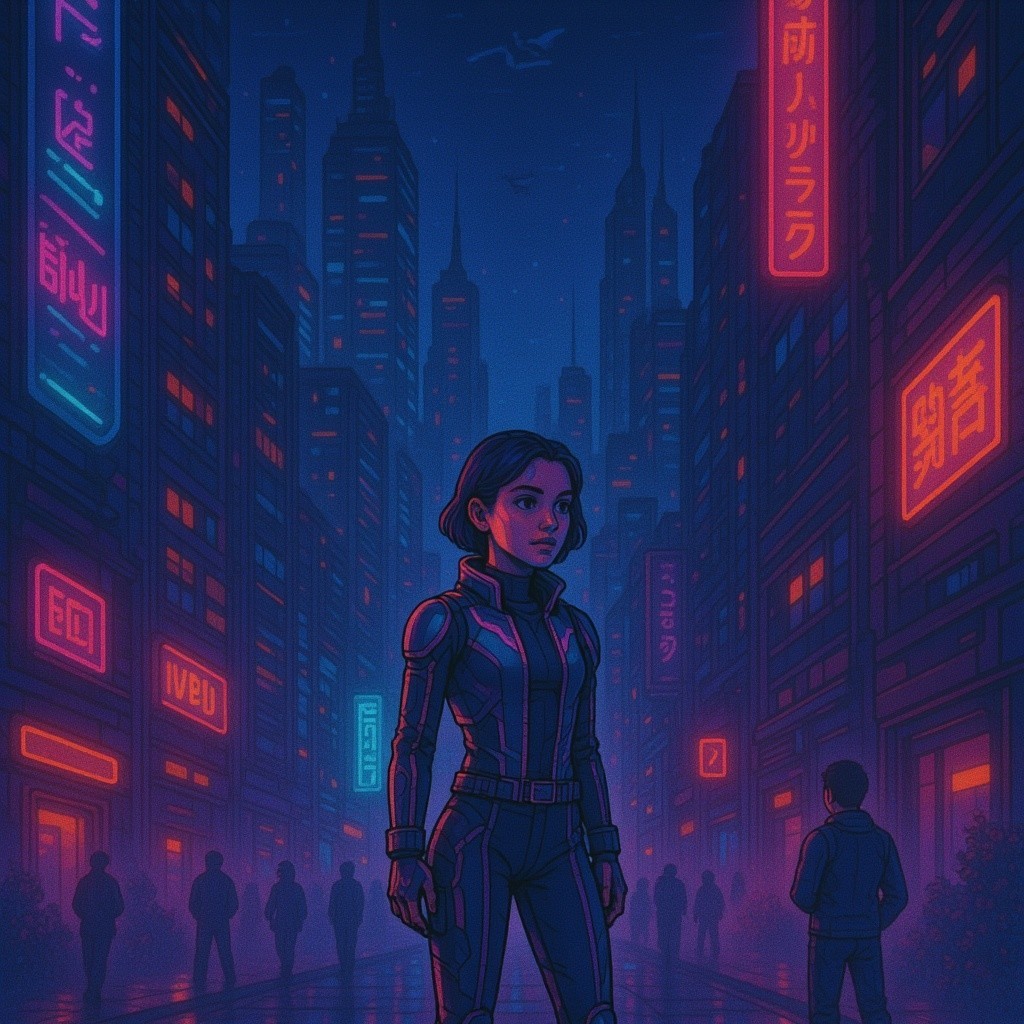 Cyberpunk Cityscape with Futuristic Woman in Suit