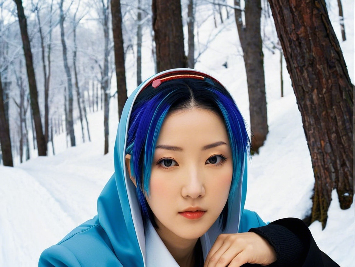 Young person with blue and black hair in snowy landscape