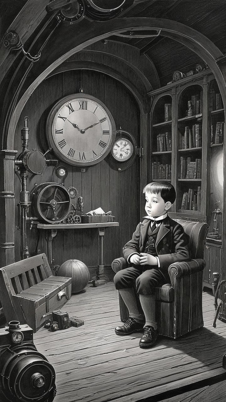 Young boy in vintage steampunk room with clocks