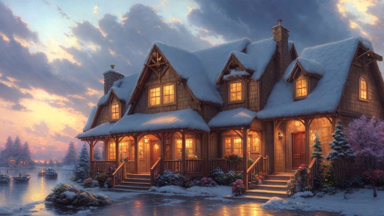 Cozy Cottage in Snow with Warm Light and Scenic View