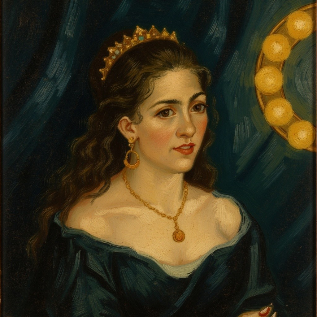 Woman in Elegant Blue Dress with Crown and Jewelry