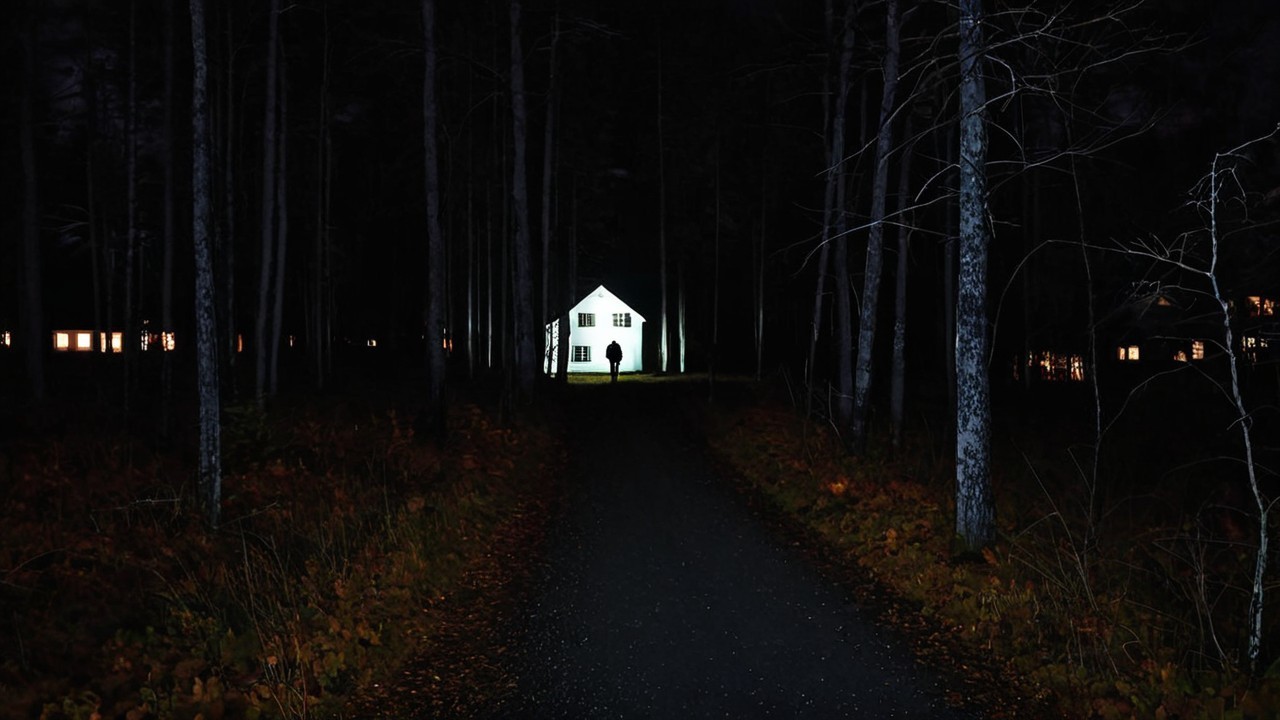 Solitary Figure on Dim Path to Illuminated House