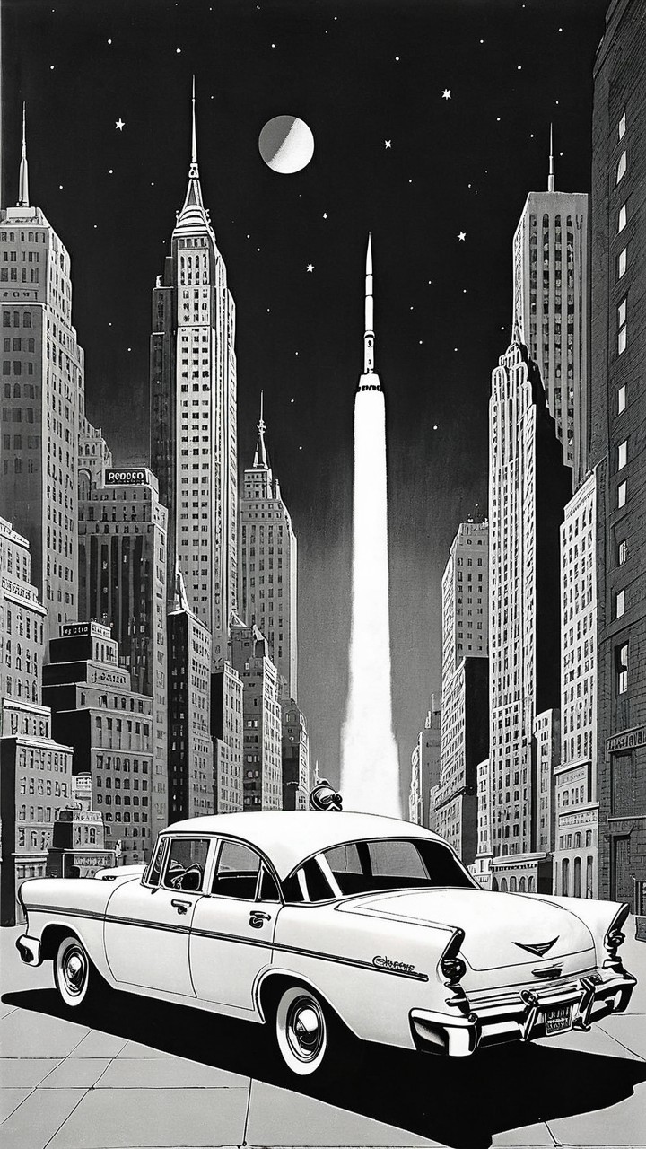Vintage White Car in Cityscape with Rocket Launch