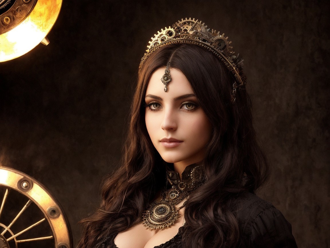 Elegant Woman in Steampunk Attire with Crown and Jewelry