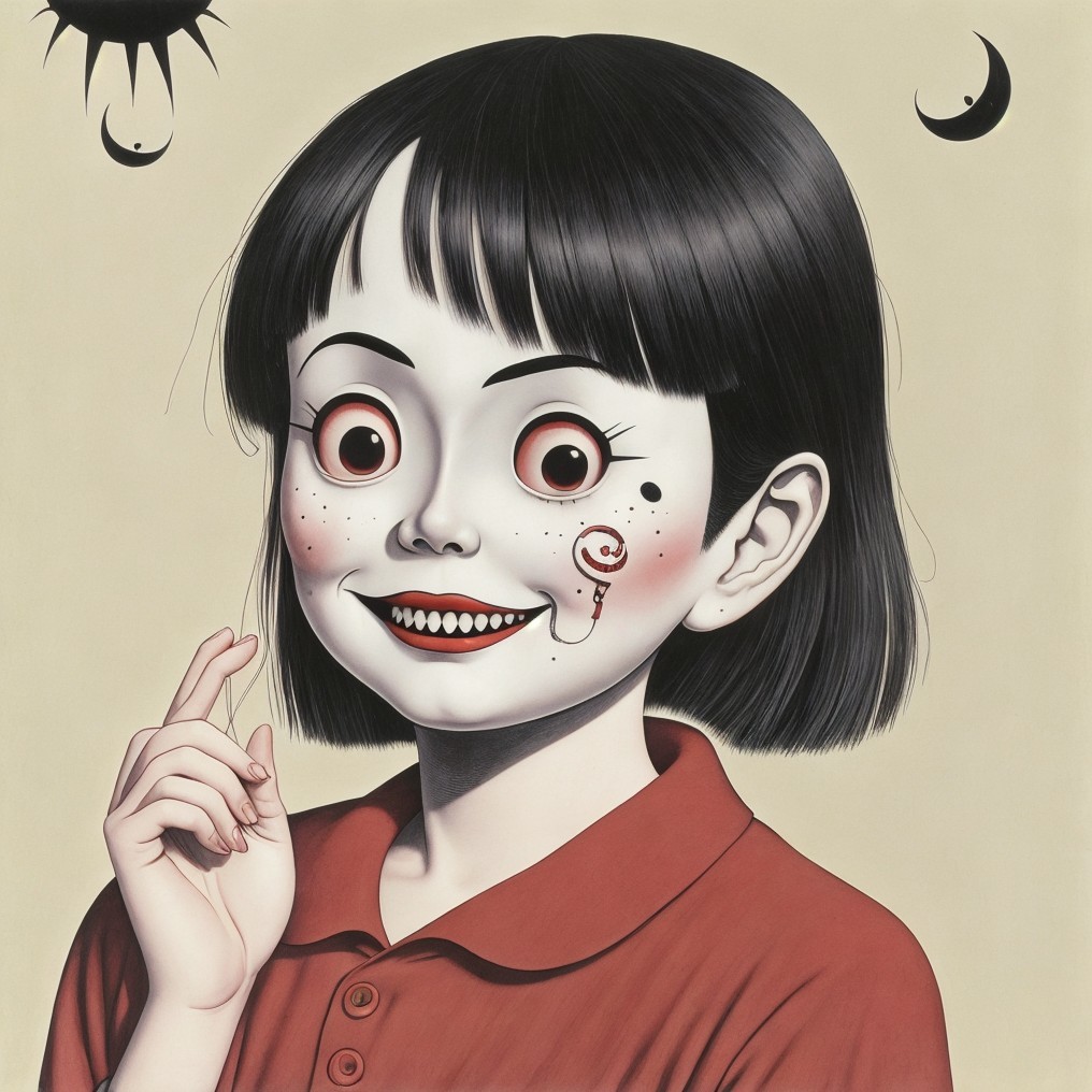 Stylized Illustration of a Young Girl with Eerie Smile