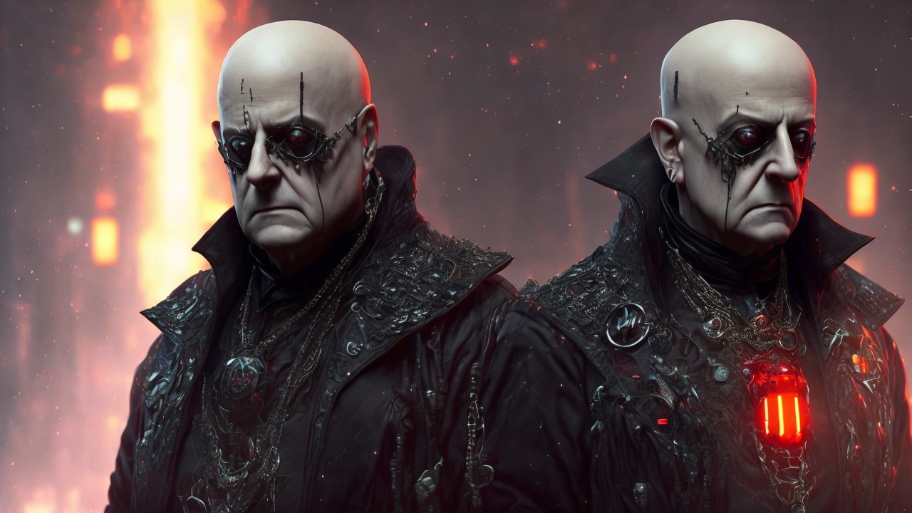 Identical Figures in Dark Coats with Fiery Background