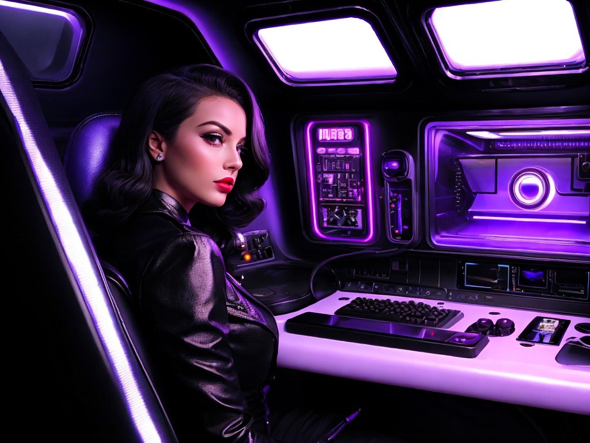 Woman in futuristic cockpit with purple lighting