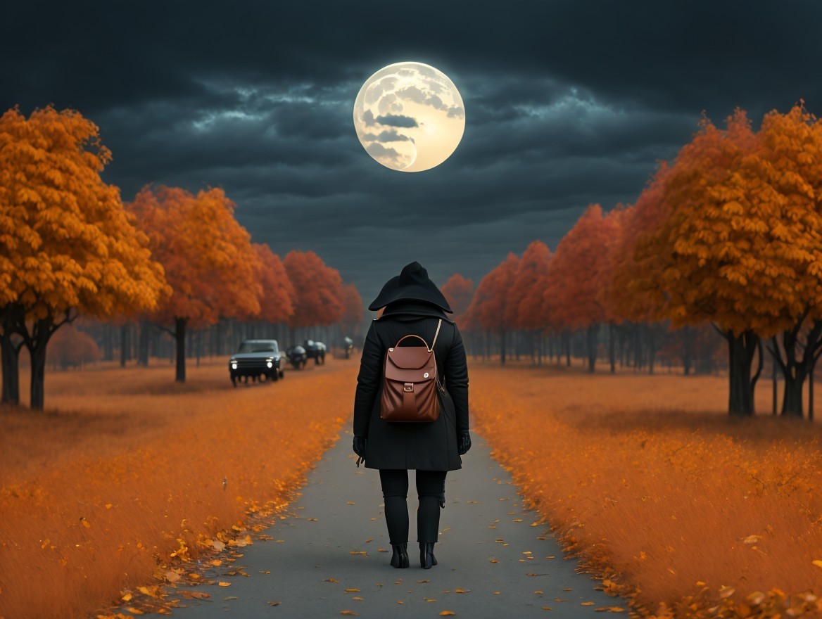 Lone Figure on Winding Path Under Night Sky