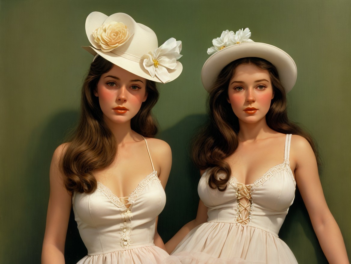 Elegant Young Women in Vintage Fashion with Floral Hats