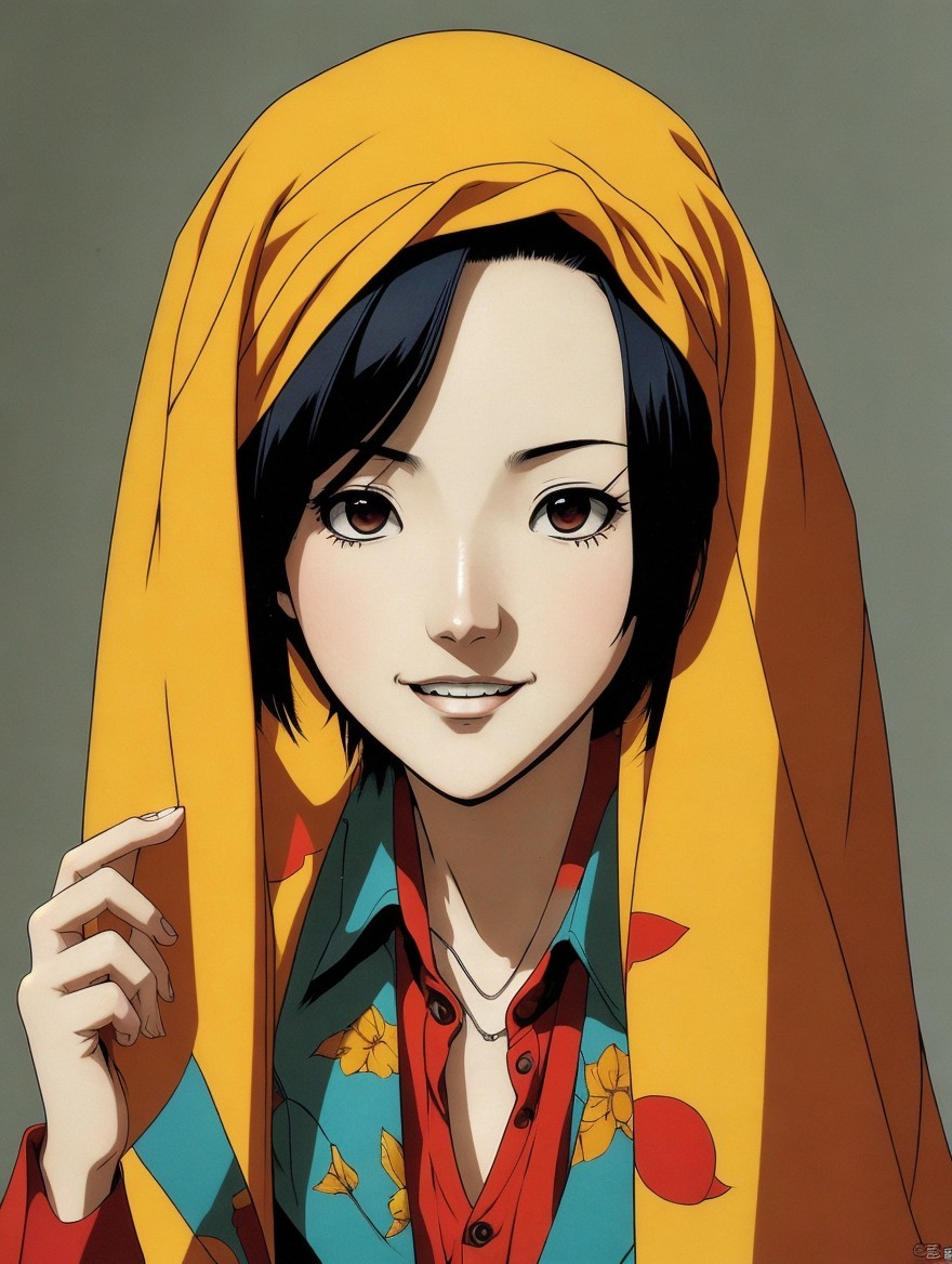 Young woman in vibrant orange headscarf and floral shirt