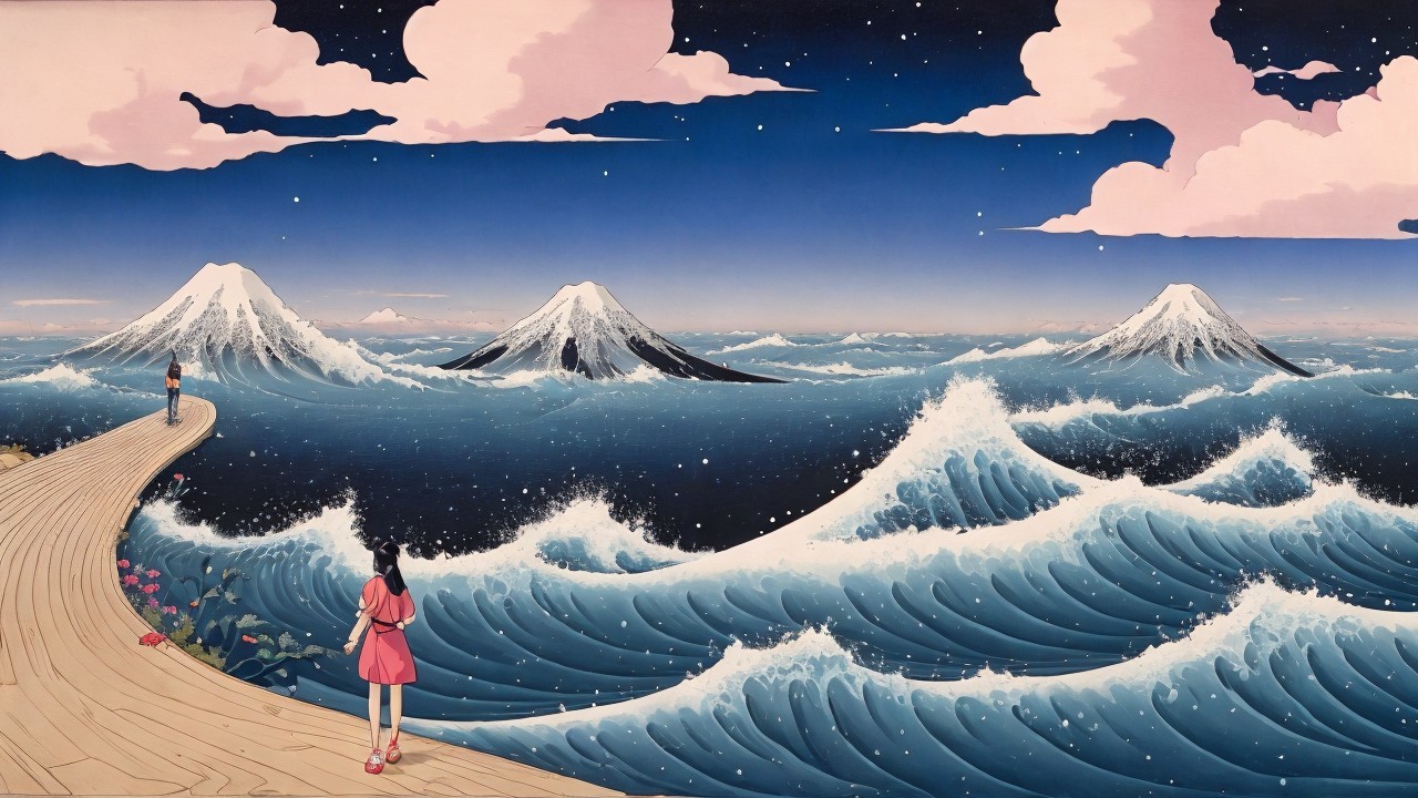 Serene landscape with figures on a wooden pathway
